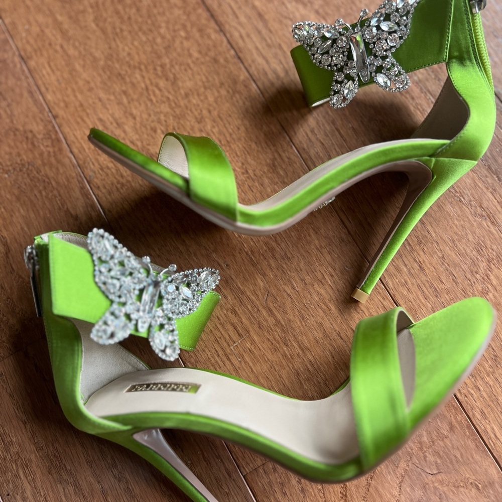 Badgley Mischka Green Satin Heels with Crystal Butterfly
